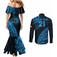 Custom Fiji Rugby Couples Matching Mermaid Dress and Long Sleeve Button Shirt Kaiviti Fijian Tribal World Cup Blue No2 LT9 - Polynesian Pride