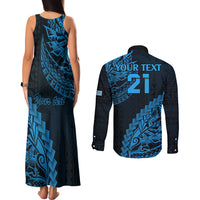 Custom Fiji Rugby Couples Matching Tank Maxi Dress and Long Sleeve Button Shirt Kaiviti Fijian Tribal World Cup Blue No2 LT9 - Polynesian Pride