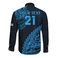 Custom Fiji Rugby Long Sleeve Button Shirt Kaiviti Fijian Tribal World Cup Blue No2 LT9 - Polynesian Pride