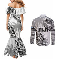 Fiji Rugby Couples Matching Mermaid Dress and Long Sleeve Button Shirt Kaiviti Fijian Tribal World Cup White LT9 - Polynesian Pride