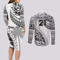 Custom Fiji Rugby Couples Matching Long Sleeve Bodycon Dress and Long Sleeve Button Shirt Kaiviti Fijian Tribal World Cup White LT9 - Polynesian Pride