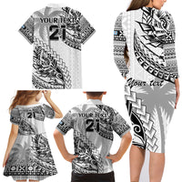 Custom Fiji Rugby Family Matching Long Sleeve Bodycon Dress and Hawaiian Shirt Kaiviti Fijian Tribal World Cup White LT9 - Polynesian Pride