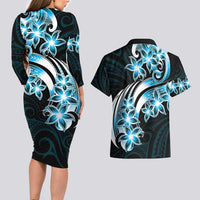 Plumeria Tribal Tattoo Couples Matching Long Sleeve Bodycon Dress and Hawaiian Shirt Blue Polynesian Pattern LT9 - Polynesian Pride