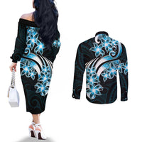 Plumeria Tribal Tattoo Couples Matching Off The Shoulder Long Sleeve Dress and Long Sleeve Button Shirt Blue Polynesian Pattern LT9 - Polynesian Pride
