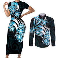 Plumeria Tribal Tattoo Couples Matching Short Sleeve Bodycon Dress and Long Sleeve Button Shirt Blue Polynesian Pattern LT9 Blue - Polynesian Pride
