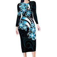 Plumeria Tribal Tattoo Family Matching Long Sleeve Bodycon Dress and Hawaiian Shirt Blue Polynesian Pattern