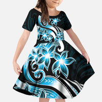 Plumeria Tribal Tattoo Family Matching Off Shoulder Maxi Dress and Hawaiian Shirt Blue Polynesian Pattern LT9 Daughter's Dress Blue - Polynesian Pride