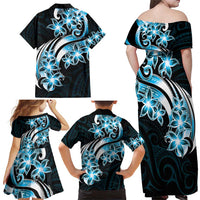 Plumeria Tribal Tattoo Family Matching Off Shoulder Maxi Dress and Hawaiian Shirt Blue Polynesian Pattern LT9 - Polynesian Pride