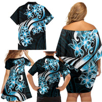 Plumeria Tribal Tattoo Family Matching Off Shoulder Short Dress and Hawaiian Shirt Blue Polynesian Pattern LT9 - Polynesian Pride