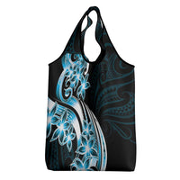 Plumeria Tribal Tattoo Grocery Bag Blue Polynesian Pattern