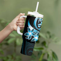 Plumeria Tribal Tattoo Tumbler With Handle Blue Polynesian Pattern