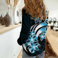 Plumeria Tribal Tattoo Women Casual Shirt Blue Polynesian Pattern LT9 - Polynesian Pride