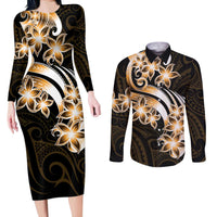 Plumeria Tribal Tattoo Couples Matching Long Sleeve Bodycon Dress and Long Sleeve Button Shirt Gold Polynesian Pattern LT9 Gold - Polynesian Pride