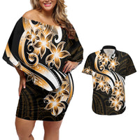 Plumeria Tribal Tattoo Couples Matching Off Shoulder Short Dress and Hawaiian Shirt Gold Polynesian Pattern LT9 Gold - Polynesian Pride