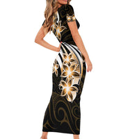 Plumeria Tribal Tattoo Short Sleeve Bodycon Dress Gold Polynesian Pattern