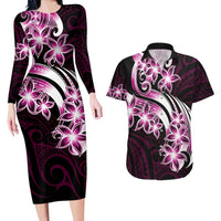 Plumeria Tribal Tattoo Couples Matching Long Sleeve Bodycon Dress and Hawaiian Shirt Pink Polynesian Pattern LT9 Pink - Polynesian Pride