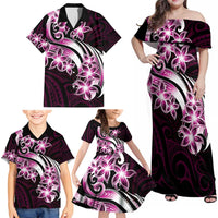 Plumeria Tribal Tattoo Family Matching Off Shoulder Maxi Dress and Hawaiian Shirt Pink Polynesian Pattern LT9 - Polynesian Pride