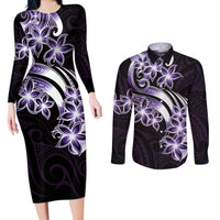 Plumeria Tribal Tattoo Couples Matching Long Sleeve Bodycon Dress and Long Sleeve Button Shirt Purple Polynesian Pattern LT9 Purple - Polynesian Pride