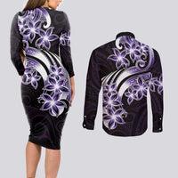 Plumeria Tribal Tattoo Couples Matching Long Sleeve Bodycon Dress and Long Sleeve Button Shirt Purple Polynesian Pattern LT9 - Polynesian Pride