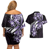 Plumeria Tribal Tattoo Couples Matching Off Shoulder Short Dress and Hawaiian Shirt Purple Polynesian Pattern LT9 - Polynesian Pride