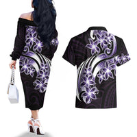 Plumeria Tribal Tattoo Couples Matching Off The Shoulder Long Sleeve Dress and Hawaiian Shirt Purple Polynesian Pattern