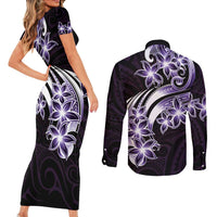 Plumeria Tribal Tattoo Couples Matching Short Sleeve Bodycon Dress and Long Sleeve Button Shirt Purple Polynesian Pattern LT9 - Polynesian Pride