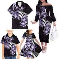Plumeria Tribal Tattoo Family Matching Off The Shoulder Long Sleeve Dress and Hawaiian Shirt Purple Polynesian Pattern