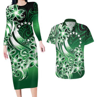 Cook Islands Tattoo Couples Matching Long Sleeve Bodycon Dress and Hawaiian Shirt Plumeria Polynesian Pattern LT9 Green - Polynesian Pride