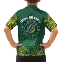 World Rugby Cook Islands Kid Hawaiian Shirt Green Polynesian Tribal Pattern - Polynesian Pride