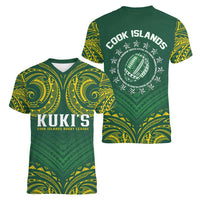World Rugby Cook Islands Women V-Neck T-Shirt Green Polynesian Tribal Pattern - Polynesian Pride