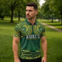 World Rugby Cook Islands Zipper Polo Shirt Green Polynesian Tribal Pattern - Polynesian Pride