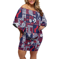 Guam Felis Pasgua Family Matching Off Shoulder Short Dress and Hawaiian Shirt Pacific Patchwork Xmas Vibes LT9 Mom's Dress Blue - Polynesian Pride