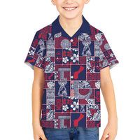 Guam Felis Pasgua Family Matching Off Shoulder Short Dress and Hawaiian Shirt Pacific Patchwork Xmas Vibes LT9 Son's Shirt Blue - Polynesian Pride