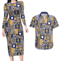 Ekamawir omo Nauru Couples Matching Long Sleeve Bodycon Dress and Hawaiian Shirt Pacific Patchwork Xmas Vibes LT9 Blue - Polynesian Pride