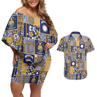 Ekamawir omo Nauru Couples Matching Off Shoulder Short Dress and Hawaiian Shirt Pacific Patchwork Xmas Vibes - Polynesian Pride