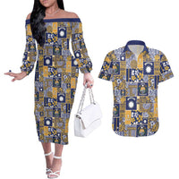 Ekamawir omo Nauru Couples Matching Off The Shoulder Long Sleeve Dress and Hawaiian Shirt Pacific Patchwork Xmas Vibes LT9 Blue - Polynesian Pride