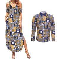 Ekamawir omo Nauru Couples Matching Summer Maxi Dress and Long Sleeve Button Shirt Pacific Patchwork Xmas Vibes - Polynesian Pride