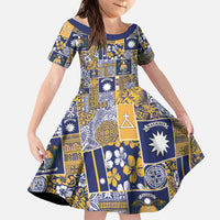 Ekamawir omo Nauru Family Matching Off The Shoulder Long Sleeve Dress and Hawaiian Shirt Pacific Patchwork Xmas Vibes LT9 Daughter's Dress Blue - Polynesian Pride