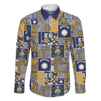 Ekamawir omo Nauru Family Matching Off Shoulder Maxi Dress and Hawaiian Shirt Pacific Patchwork Xmas Vibes LT9 Dad's Shirt - Long Sleeve Blue - Polynesian Pride