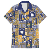 Ekamawir omo Nauru Family Matching Off Shoulder Short Dress and Hawaiian Shirt Pacific Patchwork Xmas Vibes LT9 Dad's Shirt - Short Sleeve Blue - Polynesian Pride