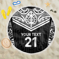 New Zealand Black Fern Custom Beach Blanket Maori Tukutuku Black-white Motif