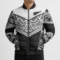 New Zealand Black Fern Custom Bomber Puffer Jacket Maori Tukutuku Black-white Motif - Polynesian Pride