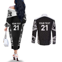 New Zealand Black Fern Custom Couples Matching Off The Shoulder Long Sleeve Dress and Long Sleeve Button Shirt Maori Tukutuku Black-white Motif