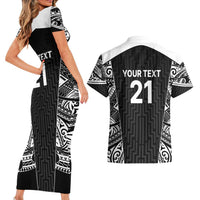 New Zealand Black Fern Custom Couples Matching Short Sleeve Bodycon Dress and Hawaiian Shirt Maori Tukutuku Black-white Motif