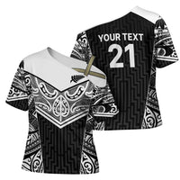 New Zealand Black Fern Custom Cross Shoulder Shirt Maori Tukutuku Black-white Motif - Polynesian Pride