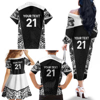 New Zealand Black Fern Custom Family Matching Off The Shoulder Long Sleeve Dress and Hawaiian Shirt Maori Tukutuku Black-white Motif