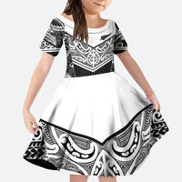 New Zealand Black Fern Custom Family Matching Off Shoulder Maxi Dress and Hawaiian Shirt Maori Tukutuku Black-white Motif