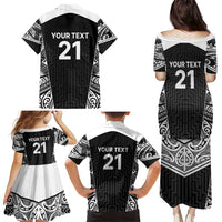 New Zealand Black Fern Custom Family Matching Puletasi and Hawaiian Shirt Maori Tukutuku Black-white Motif