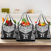 New Zealand Black Fern Custom Grocery Bag Maori Tukutuku Black-white Motif