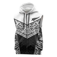 New Zealand Black Fern Custom Sleeveless Zip Hoodie Maori Tukutuku Black-white Motif LT9 White - Polynesian Pride